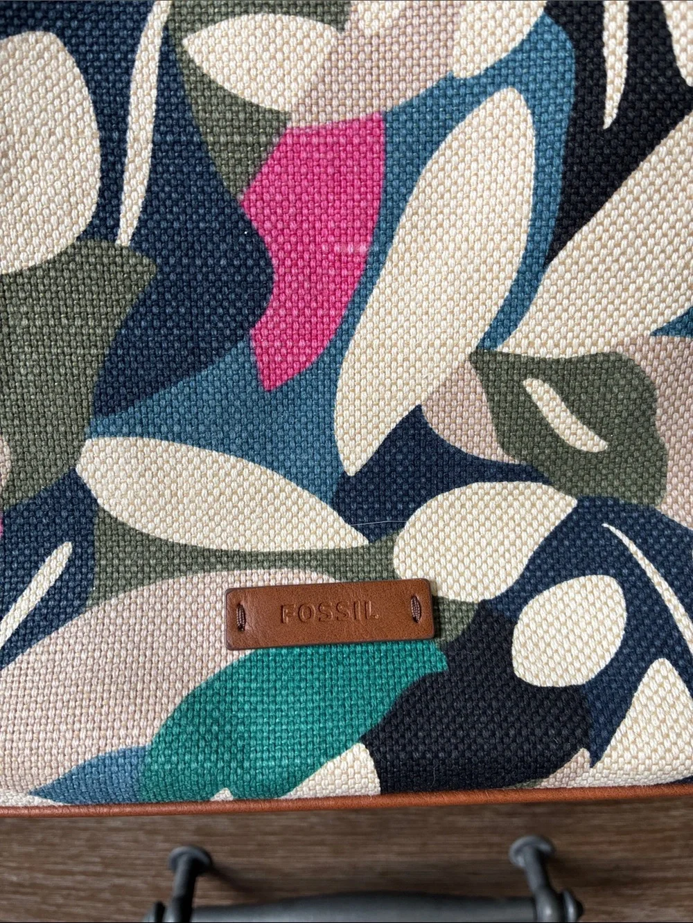 Fossil Canvas Tote in Multicolor Leaf Print with Tan Leather Handles